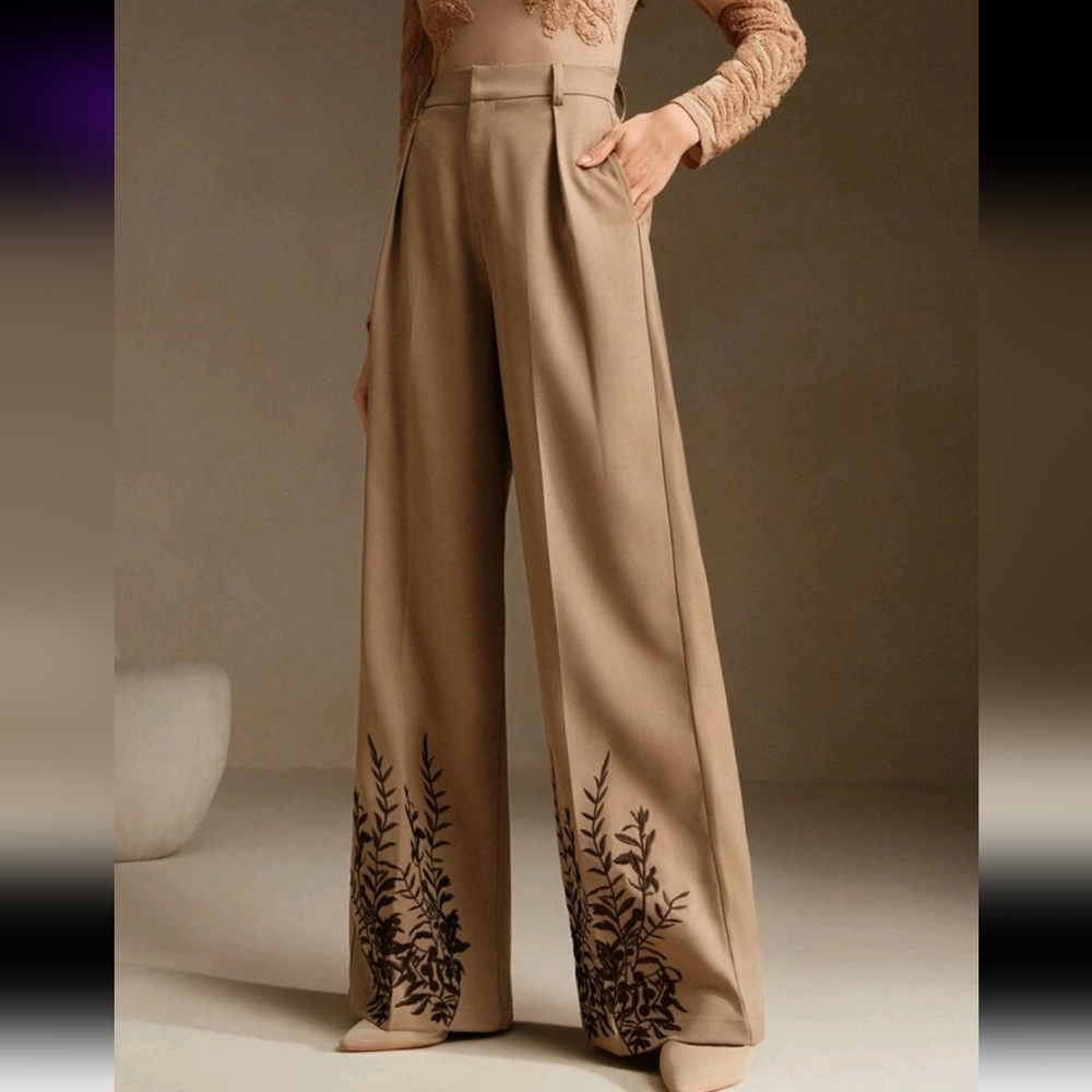 High Waisted Straight Leg Trousers With Floral Embroidery Design, New Year's - Picture 3 of 5